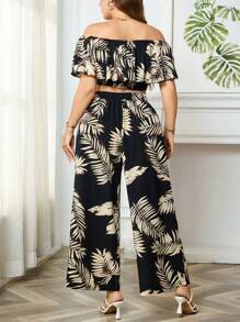 Breezaya Women's Tropical Print Cold Shoulder Top With Ruffle Hem And Wide Leg Pants Set - Black - View 2
