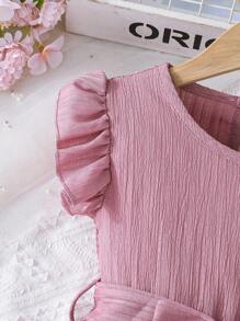 SHEIN Elladie kids 年轻女孩舒适休闲荷叶边下摆连衣裙（配腰带），夏季 - 粉色 - 查看 6