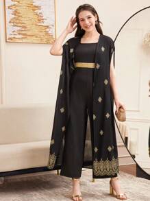 SHEIN Teen Girl Eid Al-Adha, National Day, Ramadan Luxury , Glamorous, Vintage/Boho, Festival, Elegant, Foil Print Shawl Jacket And Jumpsuit Set - Black - View 6