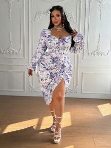 Lyrianda Vintage Blue And White Floral Print Square Neck Asymmetric Ruched Waist Cinching Fashion Dress Maxi Women Outfit