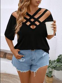 Camiseta minimalista de talla grande con mangas cortas y tiras cruzadas en unicolor, adecuada para el verano - Negro - Ver 4