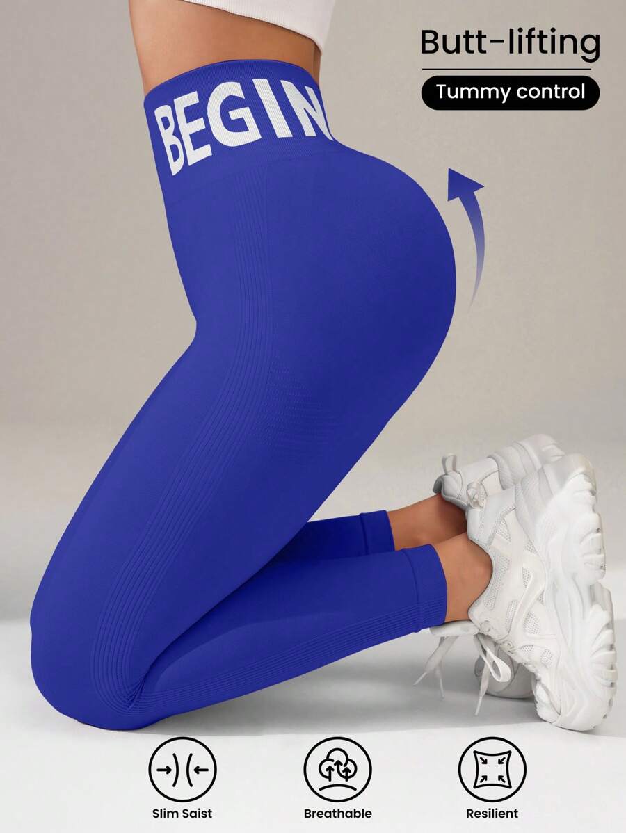 SHEIN Sports Sport Studio 女式高腰无缝修身紧身裤 - 弹性柔软透气四向拉伸紧身裤,适合跑步、骑行、瑜伽、泡菜球运动、休闲 - 寶藍色 - 查看 1