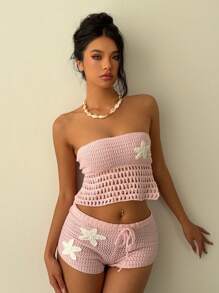 Aloruh Crochet Summer Vacation Romantic Beach Pale Pink Starfish Halter Women Top + Crochet Starfish Tie Up Women Shorts Set,Summer Sets - Baby Pink - View 1