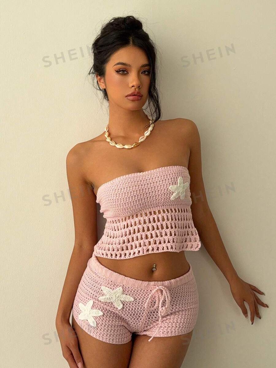 Aloruh Gehäkeltes Sommer Urlaub romantisches Strand blassfarbenes rosa Seestern Damen Top + gehäkeltes Seestern Schnür-Damen Shorts Set - Babypink - Übersicht 1