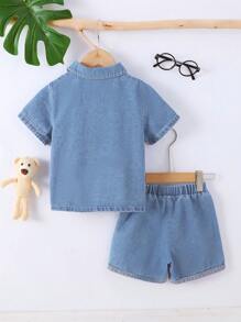 2 件套 男童休闲翻领花纹衬衫 + 牛仔短裤套装