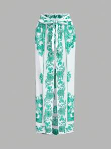 SHEIN Swim Boho Luxe Palace Print Ruffle Sleeve Premium One Piece Swimsuit Set - Mint Green - View 3