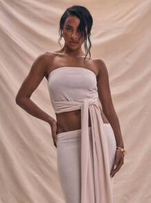 MUSERA Bandeau Fitted Knit Waist Drape Tie Detail Top Micro Crop Top Summer Holiday Cute Spring - Cream - View 1