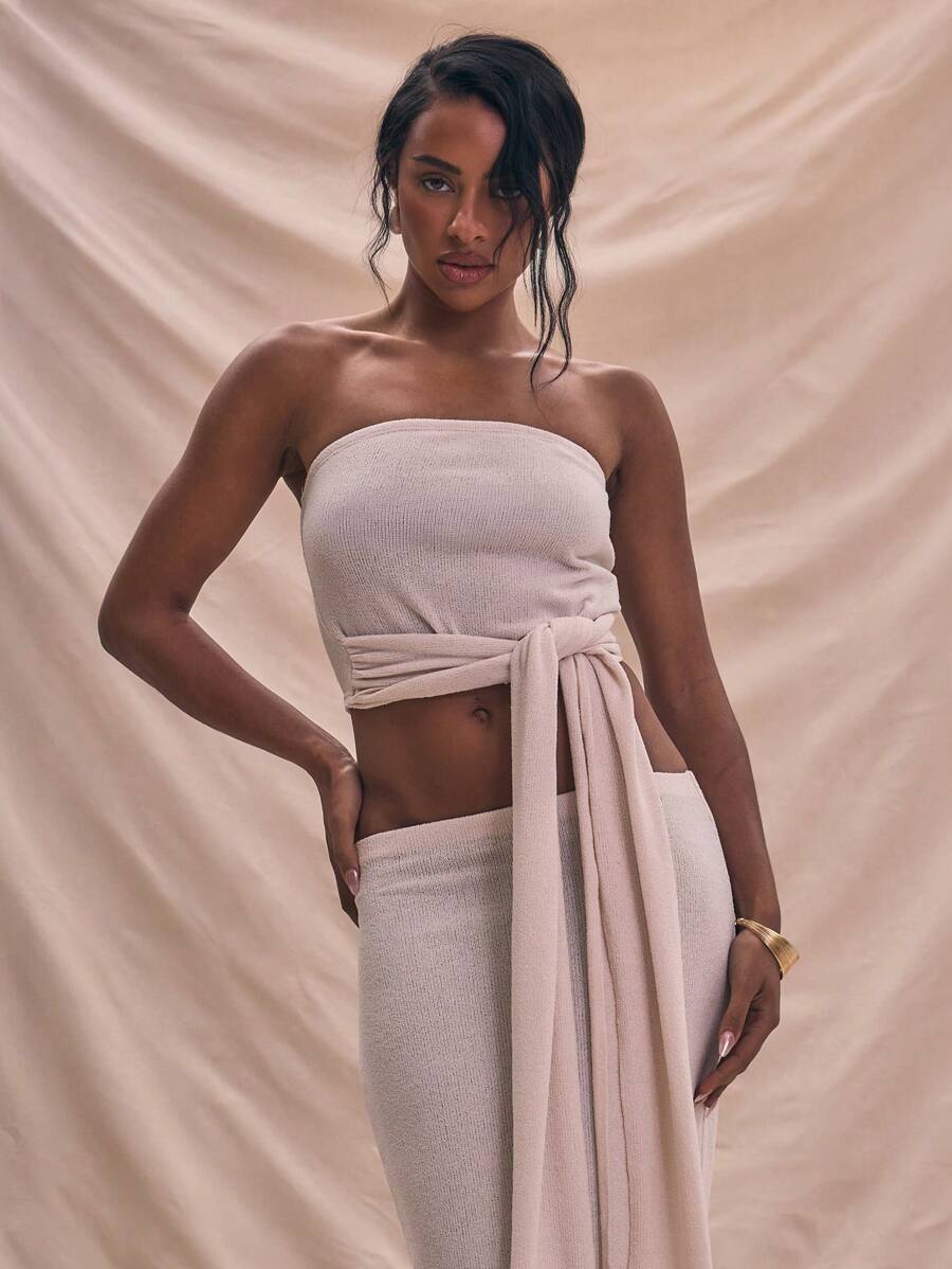 MUSERA Bandeau Fitted Knit Waist Drape Tie Detail Top Micro Crop Top Summer Holiday Cute Spring - Cream - View 1