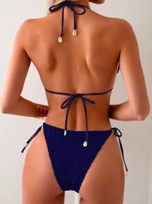 Swim Basics 夏季海滩女士挂脖时尚可分离比基尼套装采用特殊面料两件套比基尼上衣比基尼微比基尼套装 - 藏蓝色 - 查看 2