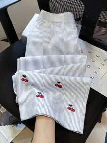 SHEIN Women's Cherry Print Striped Wide Leg Casual Pants Fall Cloth For Women - White - View 1