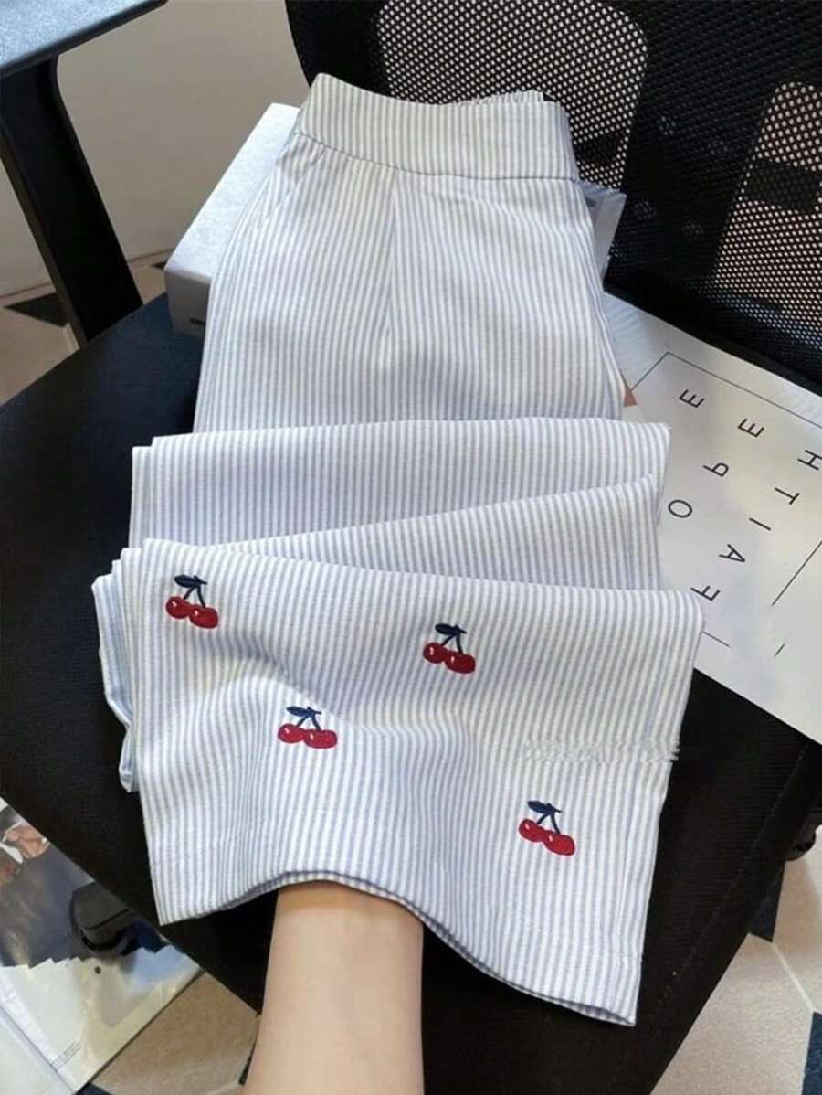 SHEIN Women's Cherry Print Striped Wide Leg Casual Pants Fall Cloth For Women - White - View 1