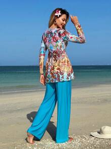 Swim Mulvari Women's Elegant Resort Beach Positioning Print Round Neck Long Sleeve Swimsuit And Solid Color Long Pants Swimsuit Set - Multicolor - View 3
