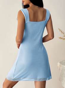 SHEIN EZwear Graduation Dress  Women Solid Color Front Tie Sleeveless Fitted Mini Dress - Blue - View 4