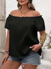 SHEIN VCAY Blusa informal de manga corta hombros descubiertos de unicolor para mujer en tallas grandes - Negro - Ver 3