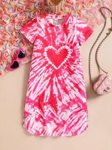 SHEIN Vestido casual con cuello redondo y estampado digital para niñas de entre 4 y 7 años, uso diario con estilo europeo y americano, primavera/verano - Rojo y blanco - Ver 2