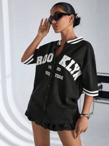 RueChic Letter Graphic Striped Trim Drop Shoulder Tee - Black - View 4