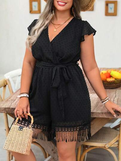 SHEIN Clasi Plus Size Women Woven Solid Color Textured Chiffon Fringe Trim Crossover Neck Elastic Waist Cap Sleeve Elegant Casual Jumpsuit, Spring/Summer