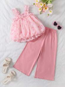 Set de 2 piezas de niña con top de tirantes con estampado de flores de pompón y pantalones de pierna ancha - Rosa - Ver 2