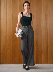 Uhlyne Pantalones de tela acampanados de diseño minimalista con bolsillos para mujer, de uso casual y de negocios