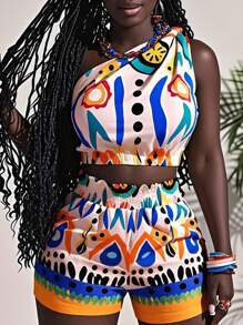 Slaydiva 2pcs Women Vacation Polka Dot Print Sleeveless Cropped Top And Shorts Set