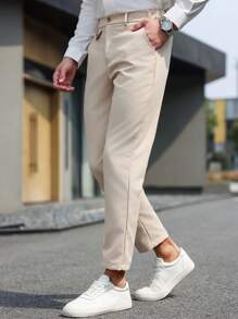 Manfinity Mode Plus Size Men's Casual Solid Color Pocket Straight-Leg Casual Dress Pants, Suitable For Commuting - Khaki - View 3