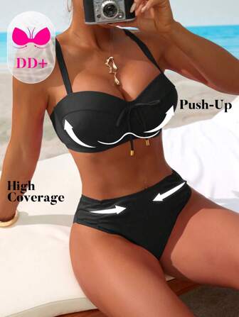 Swim DD+ 女士春假两件套泳衣，蝴蝶结装饰，露背设计，侧褶设计，前部褶皱，加垫胸围 DD 罩杯，时尚假日泳衣