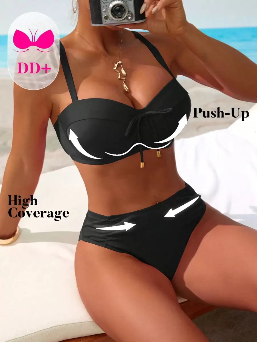 Voyashape Women Spring Break 2 Pieces Swimwear With Bowknot Decor, Backless Design, Ruched Side, Front Gathering, Padded Bust DD Cup, Fashion Holiday Swimwear For Summer Beach Vacation - Black - View 1
