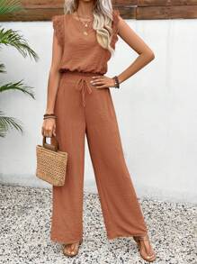 SHEIN Frenchy 2 件套：女式无袖蕾丝短款上衣，纹理面料 - 珊瑚橙 - 查看 3