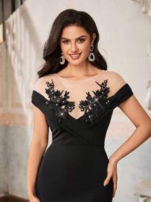 SHEIN Belle Elegante, romántico, digno, para primavera y verano, vestido negro de tela elástica de punto semitransparente con aplicaciones, adecuado para vacaciones, festivales, fiestas, fiestas de cumpleaños, vestido de cóctel para baile de graduación, vestido de invitada de boda - Negro - Ver 7
