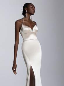 Elitara Elegant And Gorgeous Champagne Color Luxurious Satin Sling Steel Ring V-Neck High Waist Slim Sexy Split Fishtail Skirt Tail Suitable For Dating Single Party Formal Occasion Dinner Dress - Champagne - View 4