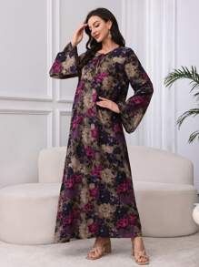 Al Najma Cotton Floral Print Lace-Up Collar Comfortable Dress,Modest - Purple - View 8