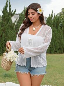 SHEIN LUNE Plus Size Women Open Front Tie-Up Loose Knit Cardigan With Hollow Design - White - View 1