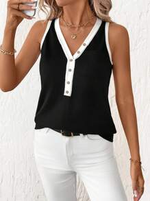 Ellevyn 女士 V 领无袖简约休闲背心，适合夏季 - 黑與白 - 查看 8