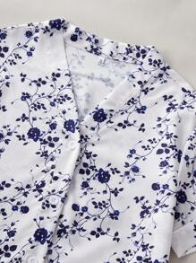 SHEIN 3pcs/Set Floral Print Ruffled Top & Shorts & Pants Home Pajamas Set Holiday Season - Blue - View 4