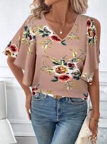 SHEIN Clasi Women's V-Neck Floral Print Ruffle Sleeve Split Blouse - Pink - View 1