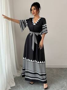 Chiquease 女士 V 领短袖印花 A 字裙，波西米亚风格，休闲，海滩，定制印花，适合日常穿着 - 黑色 - 查看 6