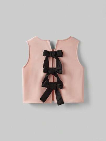 Ontre Tween Girl 纯色镂空后背撞色蝴蝶结装饰休闲时尚短款背心