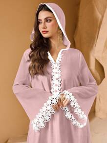 Al Najma Elegant Flared Sleeve Front Floral Lace Decor Maxi A-Line Arabian Dress, Spring/Summer,Modest - Pink - View 5