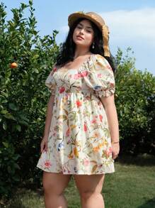 SHEIN MOD Plus Size Girls' Romantic Holiday Floral Print Cropped Babydoll Dress. Prom Dresses For Ladies. Women Dresses Floral.Dresses - Multicolor - View 4