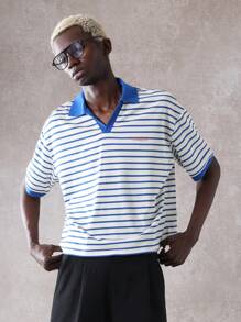 SUMWON 休闲夏季 Polo 衫条纹图案洛杉矶 La 标志运动 Polo 短袖常规版型翻领透气衬衫周末度假日常穿着 - 藍白色 - 查看 1