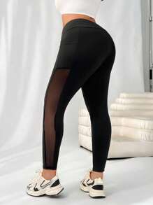SHEIN EZwear Plus Size Dames Zwarte Contrast Mesh Zak Leggings