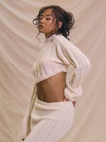 MUSERA Top corto de punto con mangas abullonadas y efecto oversize, a rayas, para primavera y verano, ideal para vacaciones y playa, con un estilo lindo, elegante y chic - Crema - Ver 2