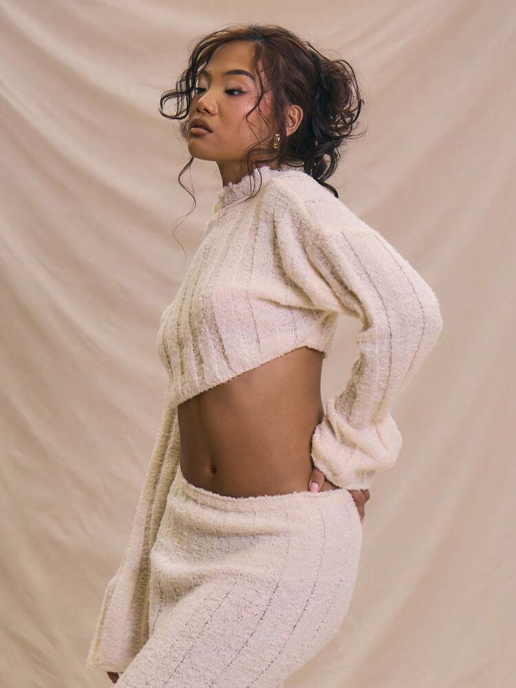 MUSERA 条纹针织高领宽松喇叭袖短款上衣，仅此一件，适合春夏度假沙滩穿着，可爱优雅时尚 - 奶油色 - 查看 2