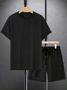 Manfinity Homme Men Short Sleeve Top & Shorts Set, Minimalist Fashion Suitable For Summer, Cozy Outfits - Black - View 5