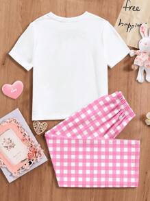 SHEIN Conjunto de pijama para niña preadolescente con camiseta de manga corta de cuello redondo con estampado gráfico de niña de dibujos animados y pantalones anchos, adecuado para el verano