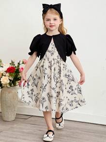 SHEIN Leap Crew 2pcs/Set Young Girl Solid Color Cropped Jacket And Ditsy Floral Spaghetti Strap Dress - Black and White - View 6