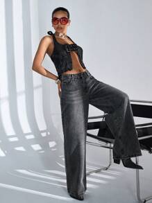 SHEIN Cottnline 100% Cotton WOMEN LOW RISE WIDELEG FIT DARK GREY Y2K STYLE BAGGY JEANS - Grey - View 6