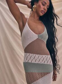 MUSERA 露背领口撞色针织拼接修身长裙夏季度假太阳裙柔软伊比萨海滩