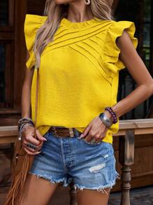 EMERY ROSE Women's Solid Color Casual Round Neck Striped Cap Sleeve Shirt - Yellow - View 6