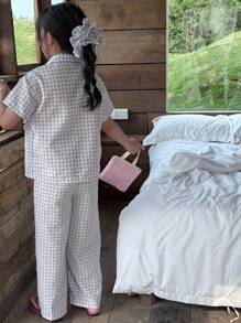 DAZY Tween Girl' Short Sleeve Plaid Embroidery Soft Home Dress, Spring/Summer